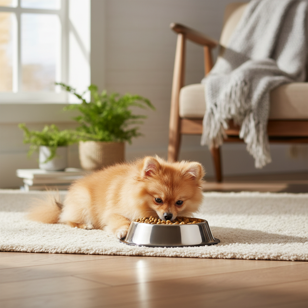 Small dog eating from a stainless steel pet bowl